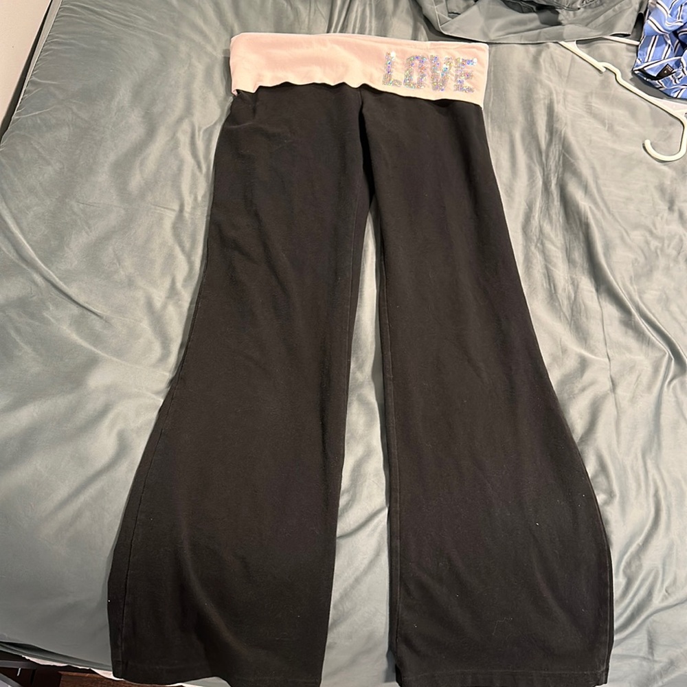 Pink Victorias Secret black fold over yoga pant with “LOVE PINK” sequin.